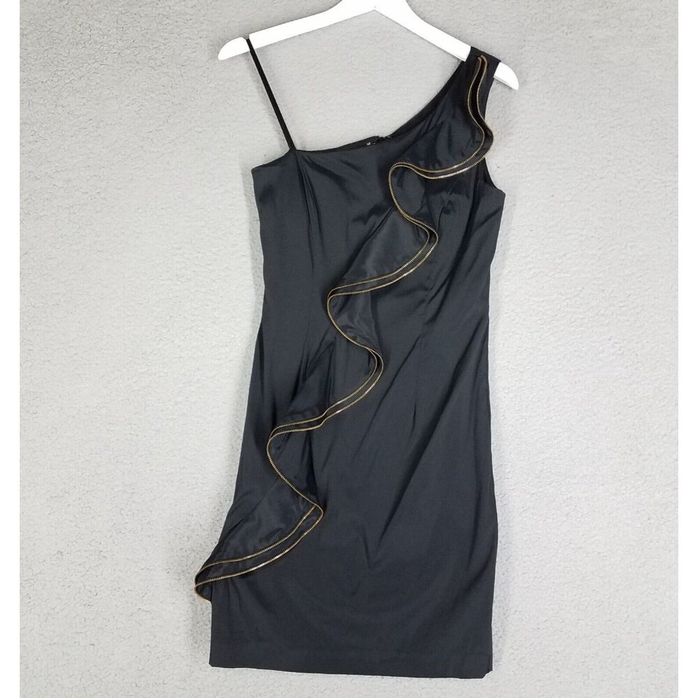 Cache Dress Women's 10 Black Cocktail Party One Shoulder Ruffle Front Stretch